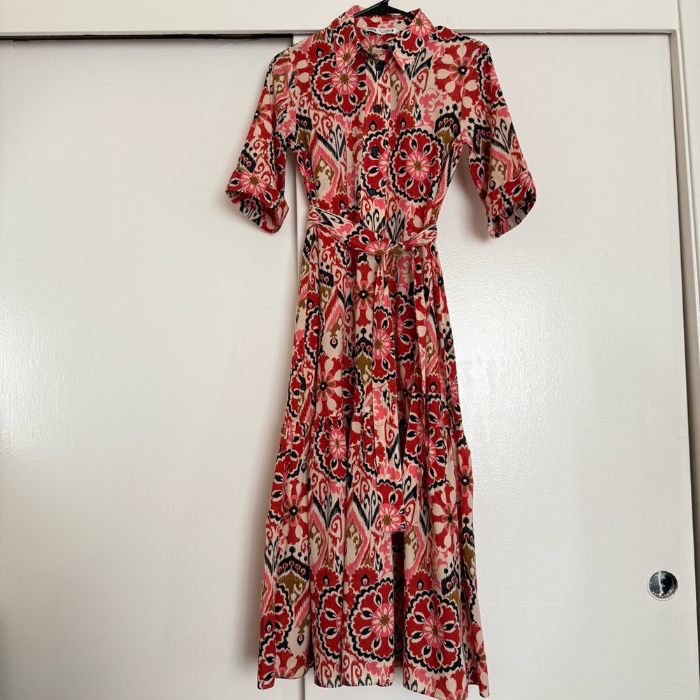 Zara Womans Shirt Dress Midi Size S Multicolor print Belted